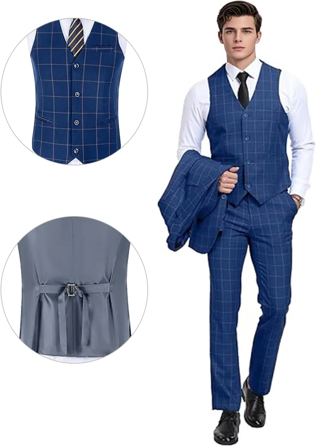 Men's Suit Set 3 Pieces Plaid Slim Fit Suit Formal Bussiness Wedding Suit Casual Prom Tuxedos Blazer Vest Pant