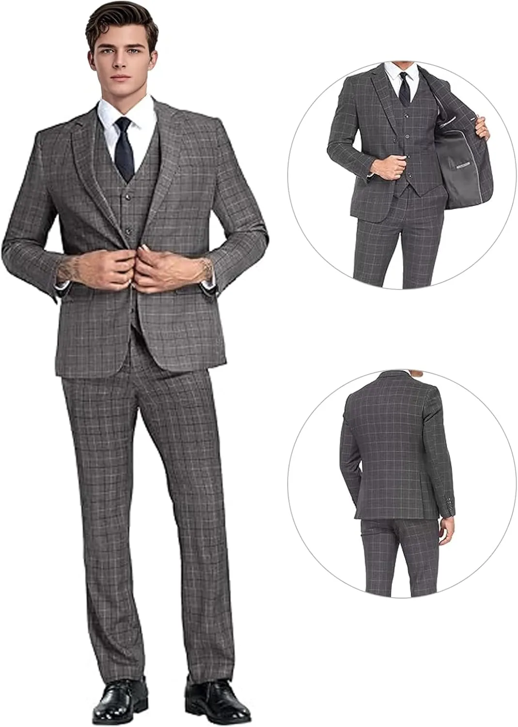 Men's Suit Set 3 Pieces Plaid Slim Fit Suit Formal Bussiness Wedding Suit Casual Prom Tuxedos Blazer Vest Pant
