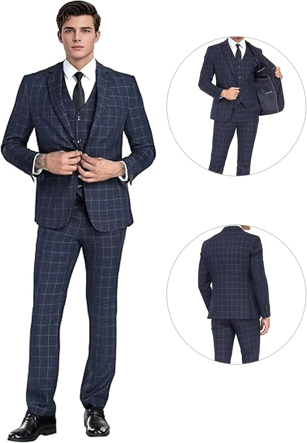 Men's Suit Set 3 Pieces Plaid Slim Fit Suit Formal Bussiness Wedding Suit Casual Prom Tuxedos Blazer Vest Pant
