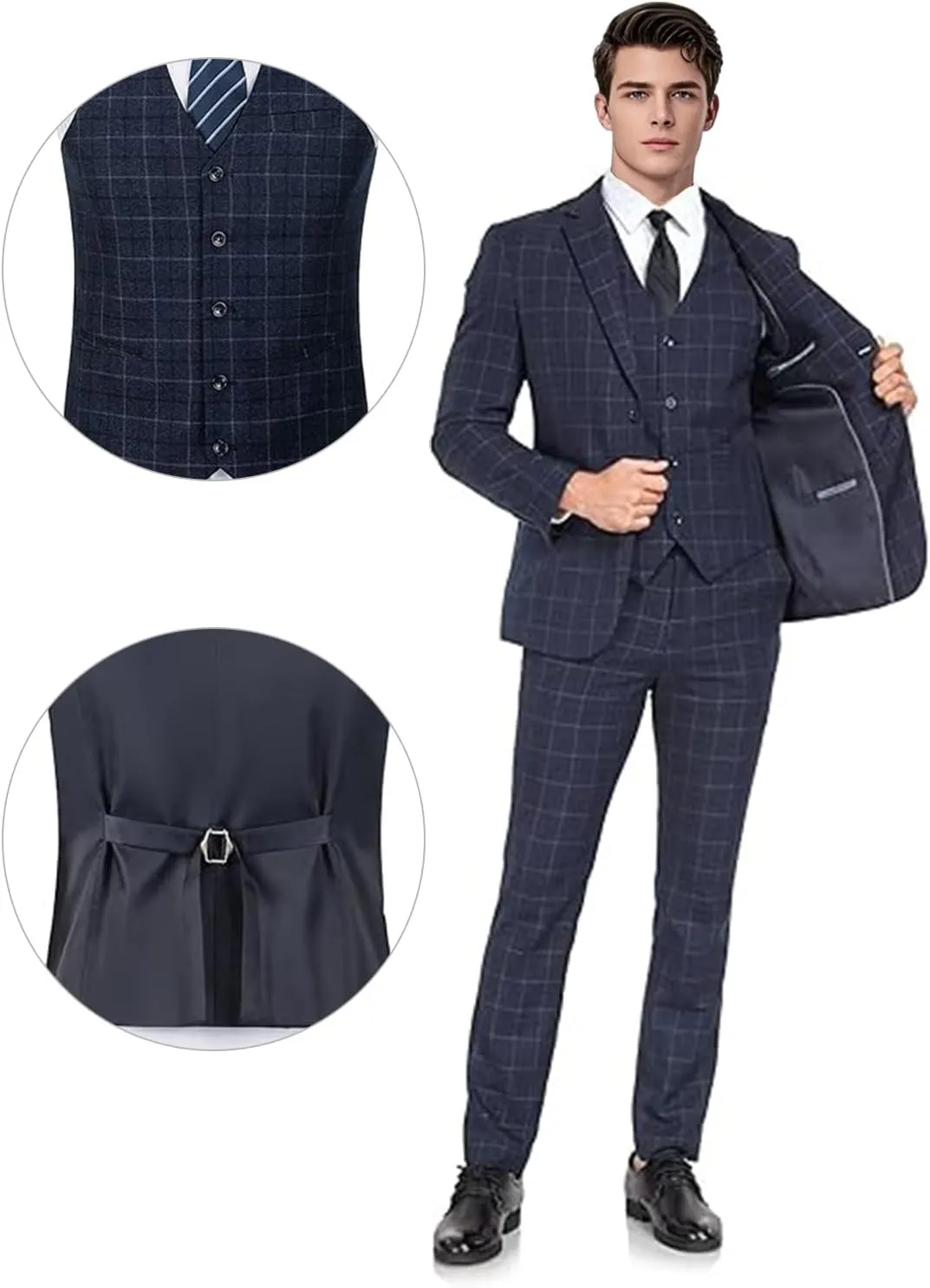 Men's Suit Set 3 Pieces Plaid Slim Fit Suit Formal Bussiness Wedding Suit Casual Prom Tuxedos Blazer Vest Pant