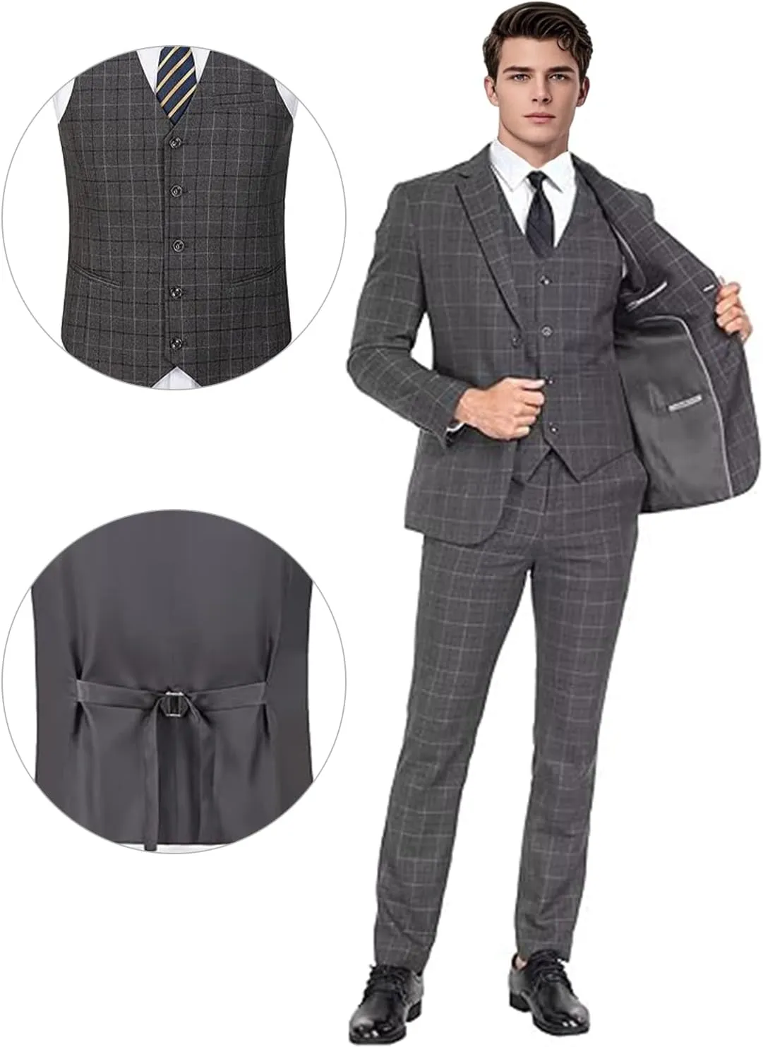 Men's Suit Set 3 Pieces Plaid Slim Fit Suit Formal Bussiness Wedding Suit Casual Prom Tuxedos Blazer Vest Pant