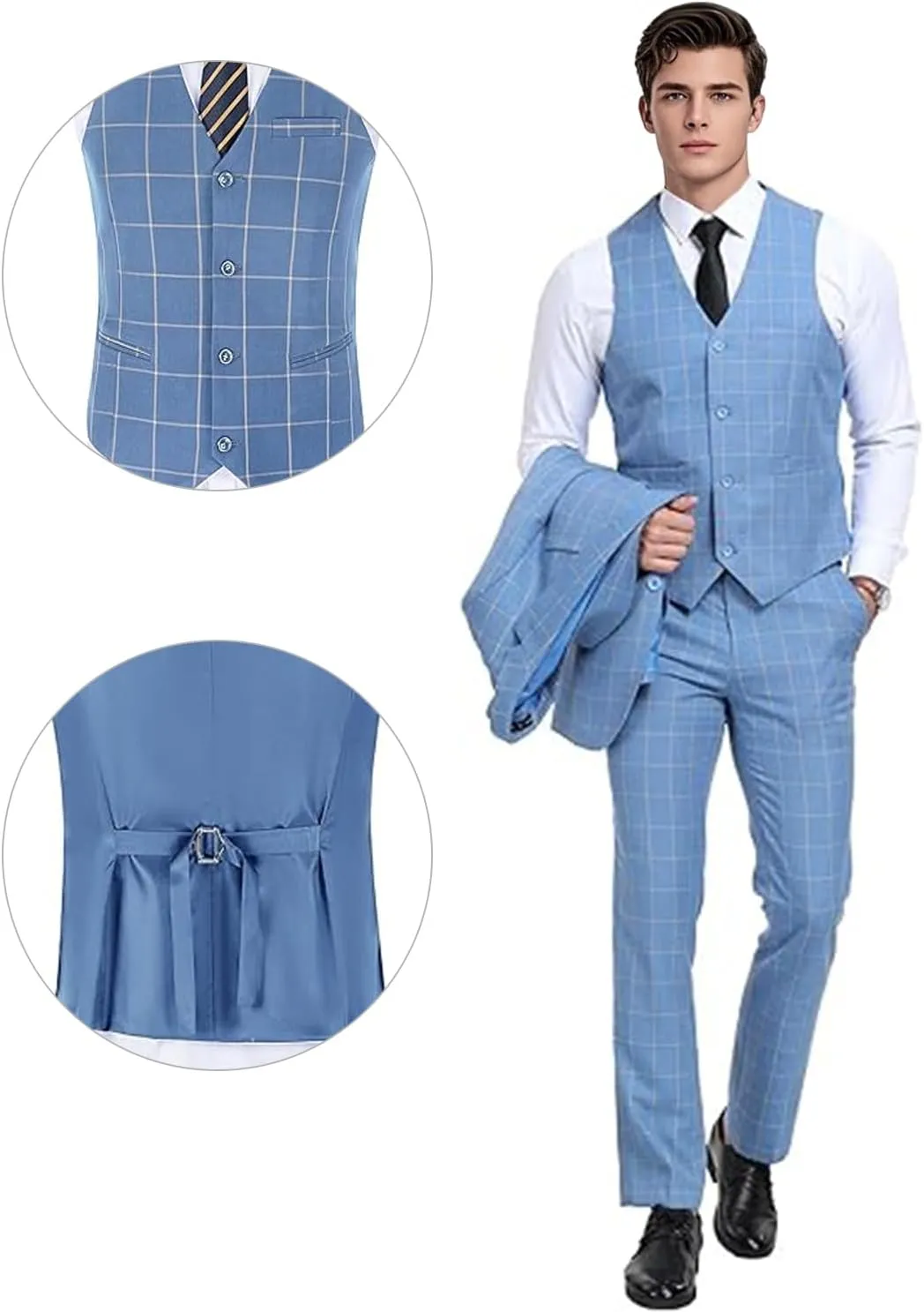 Men's Suit Set 3 Pieces Plaid Slim Fit Suit Formal Bussiness Wedding Suit Casual Prom Tuxedos Blazer Vest Pant