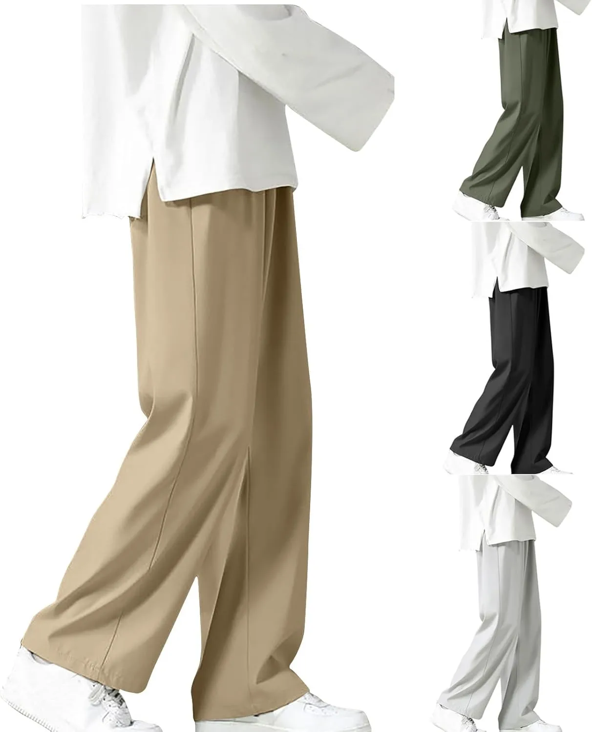 Mens Summer Ice Silk Baggy Pants Soft Straight Leg Solid Casual Beach Yoga Sports Outdoor Lounge Pants with Pockets