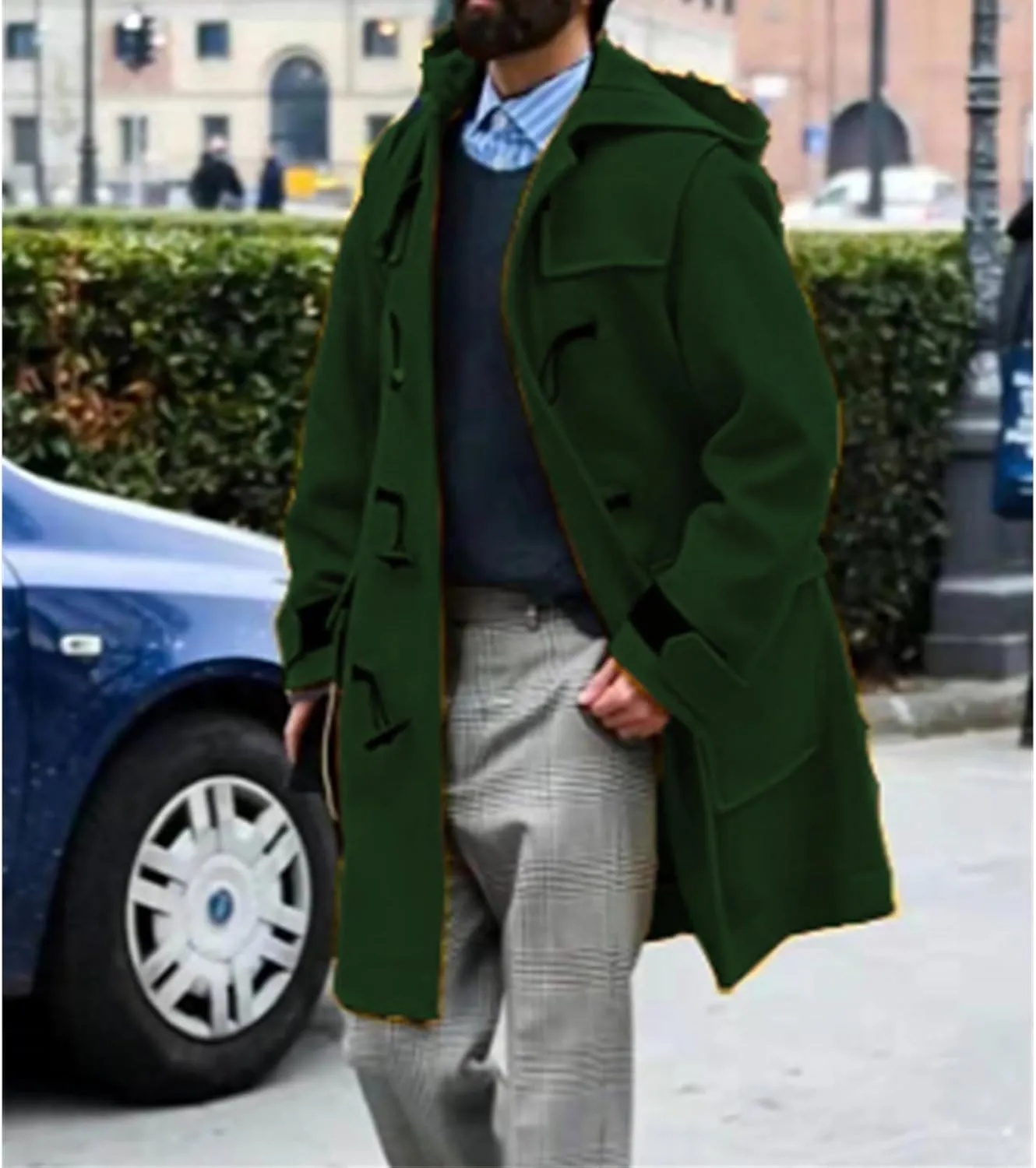 Mmoneyake Hooded Trench Coat Men Winter Wool Blend Pea Hooded Duffle Coat Horn Buckle Long Jacket Overcoat Work Windbreaker