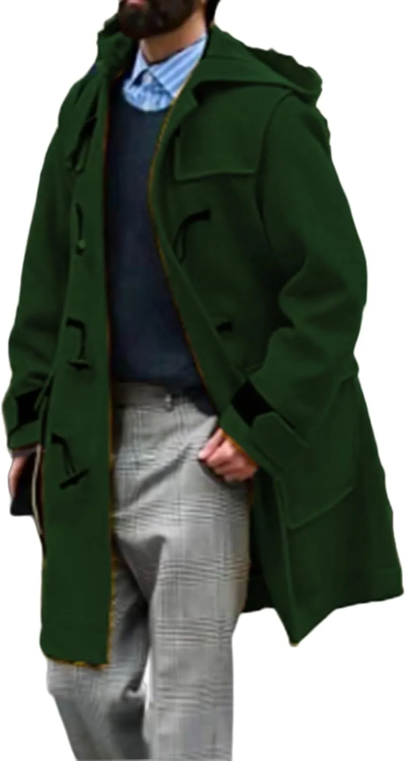 Mmoneyake Hooded Trench Coat Men Winter Wool Blend Pea Hooded Duffle Coat Horn Buckle Long Jacket Overcoat Work Windbreaker