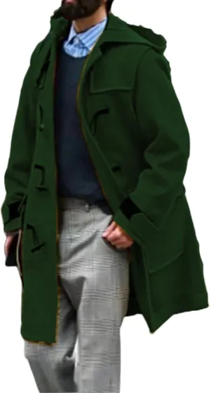 Mmoneyake Hooded Trench Coat Men Winter Wool Blend Pea Hooded Duffle Coat Horn Buckle Long Jacket Overcoat Work Windbreaker