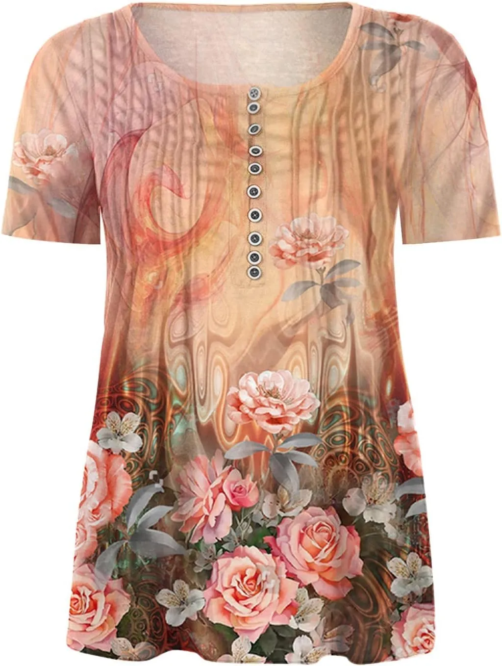 Mzkdieey Women Short Sleeve Henley T Shirt Summer Casual Floral Print Tops Empire Waist V Neck Button Down Pleated Blouse
