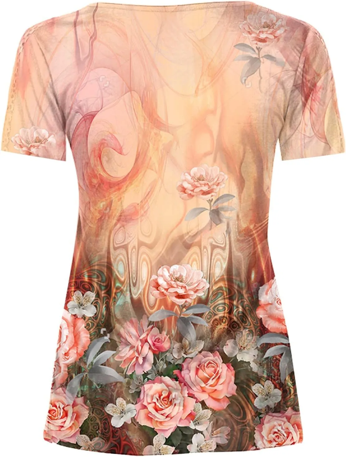Mzkdieey Women Short Sleeve Henley T Shirt Summer Casual Floral Print Tops Empire Waist V Neck Button Down Pleated Blouse