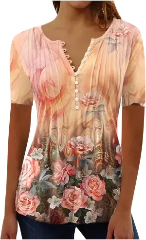 Mzkdieey Women Short Sleeve Henley T Shirt Summer Casual Floral Print Tops Empire Waist V Neck Button Down Pleated Blouse