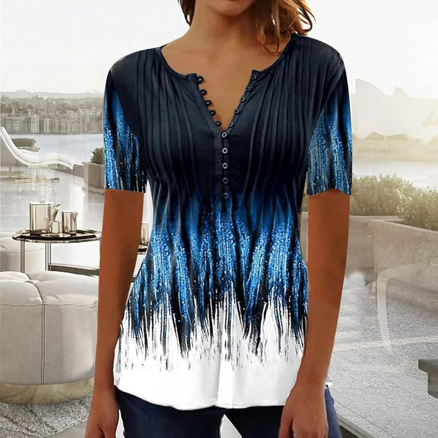 Mzkdieey Women Short Sleeve Henley T Shirt Summer Casual Floral Print Tops Empire Waist V Neck Button Down Pleated Blouse