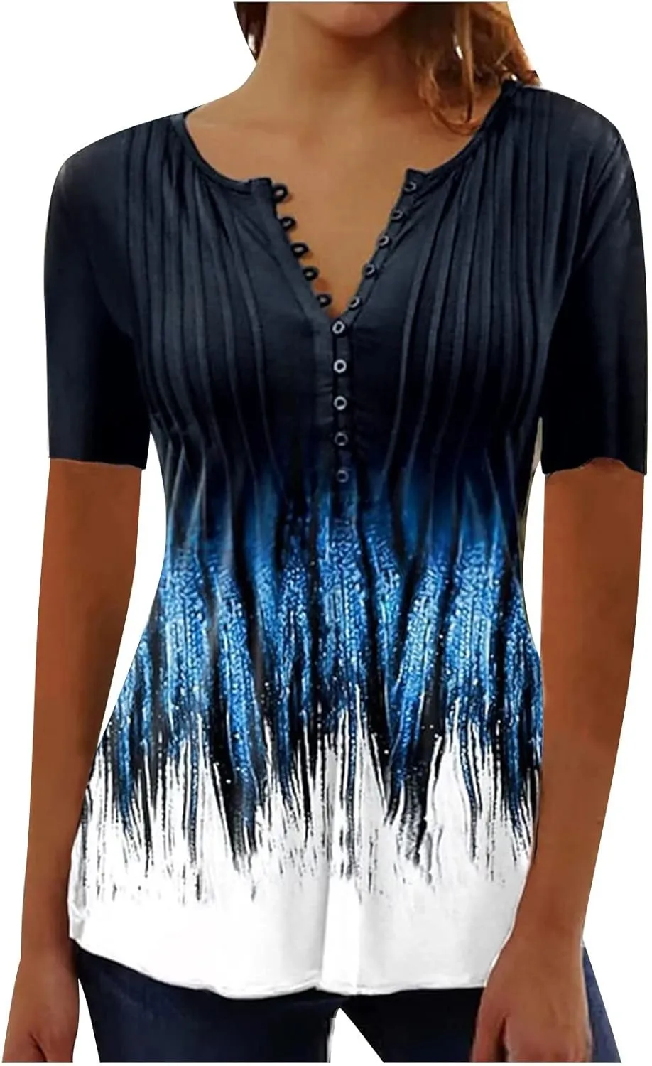 Mzkdieey Women Short Sleeve Henley T Shirt Summer Casual Floral Print Tops Empire Waist V Neck Button Down Pleated Blouse