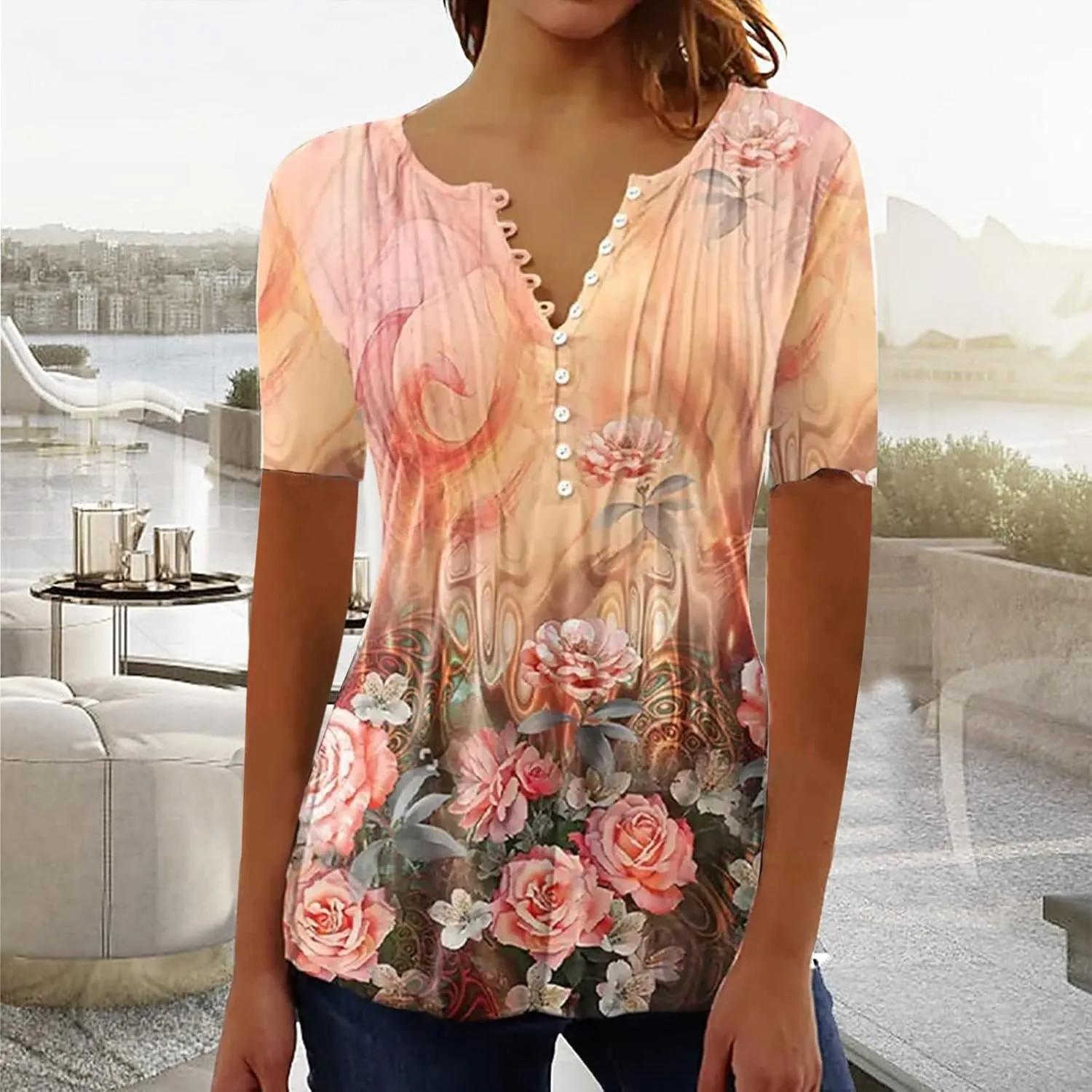 Mzkdieey Women Short Sleeve Henley T Shirt Summer Casual Floral Print Tops Empire Waist V Neck Button Down Pleated Blouse