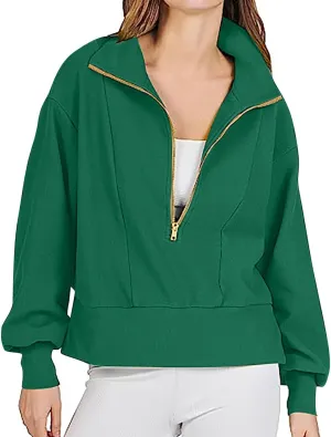 NATHGAM Women Half Zip Cropped Sweatshirt Casual Fleece Quarter Zip Up High Neck Pullover 2023 Fall Solid Color Loose Clothes