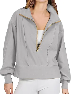 NATHGAM Women Half Zip Cropped Sweatshirt Casual Fleece Quarter Zip Up High Neck Pullover 2023 Fall Solid Color Loose Clothes