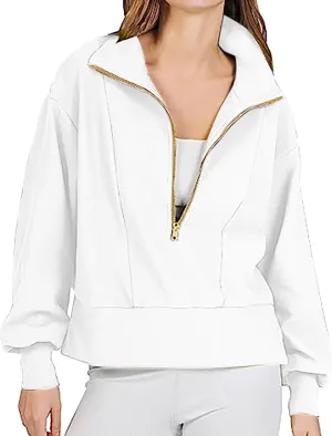 NATHGAM Women Half Zip Cropped Sweatshirt Casual Fleece Quarter Zip Up High Neck Pullover 2023 Fall Solid Color Loose Clothes