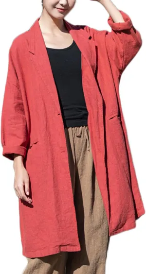 NFYM Women's Linen Long Blazers Notch Lapel Open Front Button Casual Loose Suit Coat Jackets with Pockets