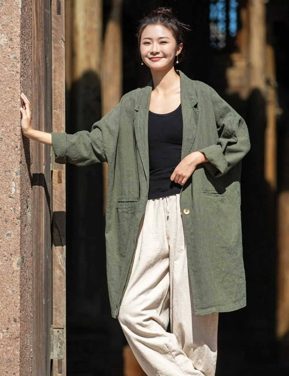 NFYM Women's Linen Long Blazers Notch Lapel Open Front Button Casual Loose Suit Coat Jackets with Pockets