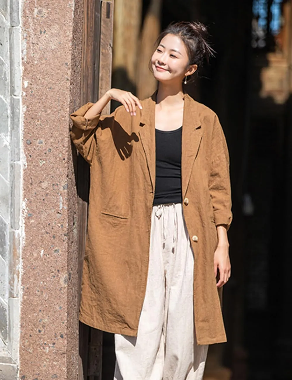 NFYM Women's Linen Long Blazers Notch Lapel Open Front Button Casual Loose Suit Coat Jackets with Pockets