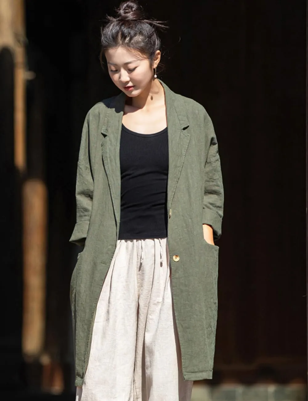 NFYM Women's Linen Long Blazers Notch Lapel Open Front Button Casual Loose Suit Coat Jackets with Pockets
