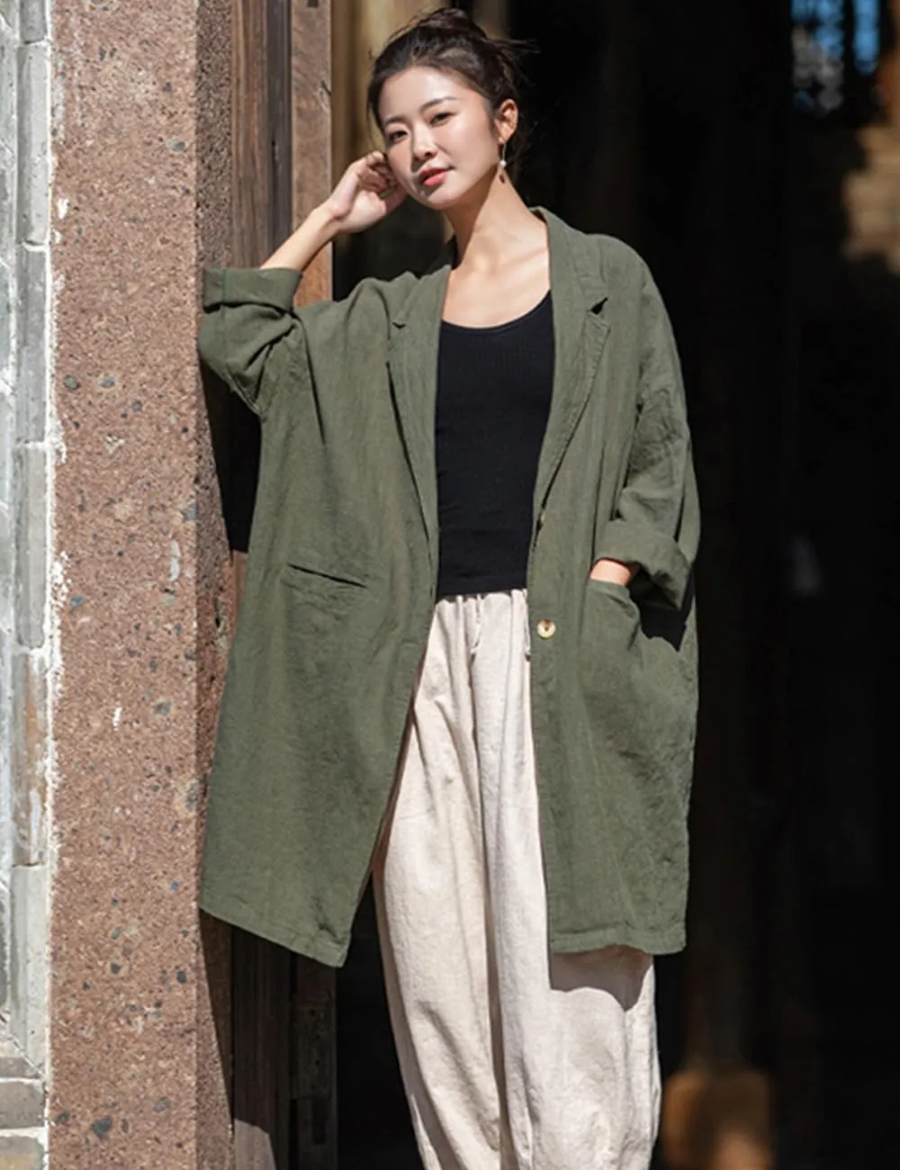 NFYM Women's Linen Long Blazers Notch Lapel Open Front Button Casual Loose Suit Coat Jackets with Pockets