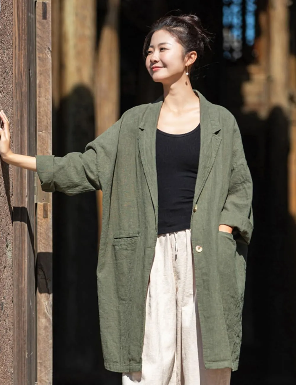 NFYM Women's Linen Long Blazers Notch Lapel Open Front Button Casual Loose Suit Coat Jackets with Pockets