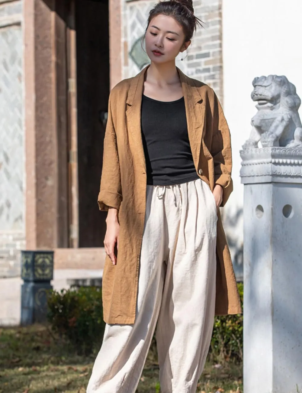 NFYM Women's Linen Long Blazers Notch Lapel Open Front Button Casual Loose Suit Coat Jackets with Pockets