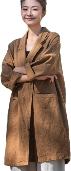 NFYM Women's Linen Long Blazers Notch Lapel Open Front Button Casual Loose Suit Coat Jackets with Pockets