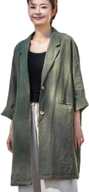 NFYM Women's Linen Long Blazers Notch Lapel Open Front Button Casual Loose Suit Coat Jackets with Pockets