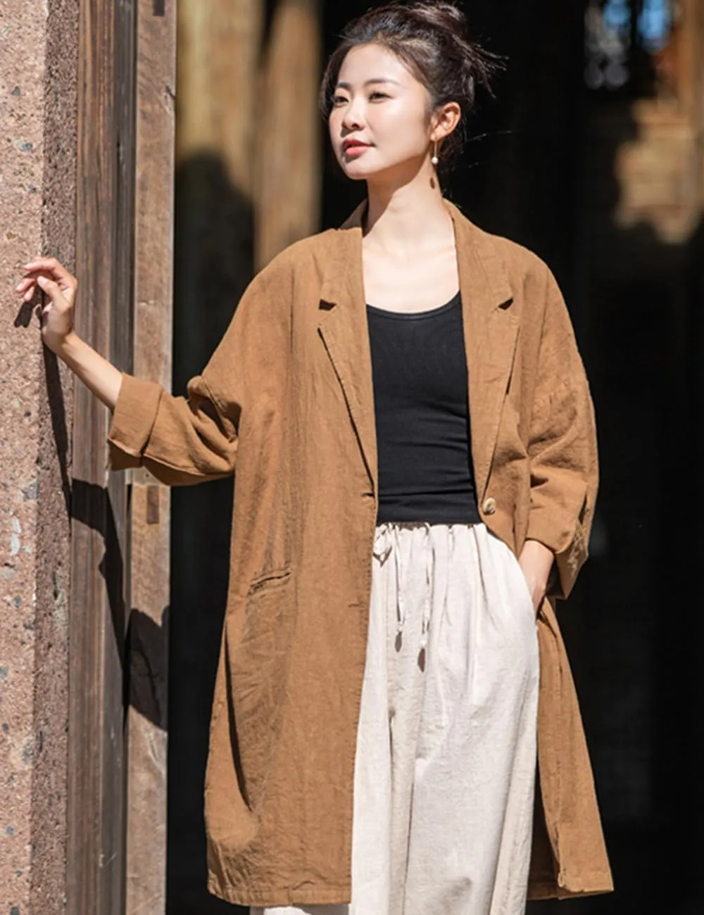 NFYM Women's Linen Long Blazers Notch Lapel Open Front Button Casual Loose Suit Coat Jackets with Pockets