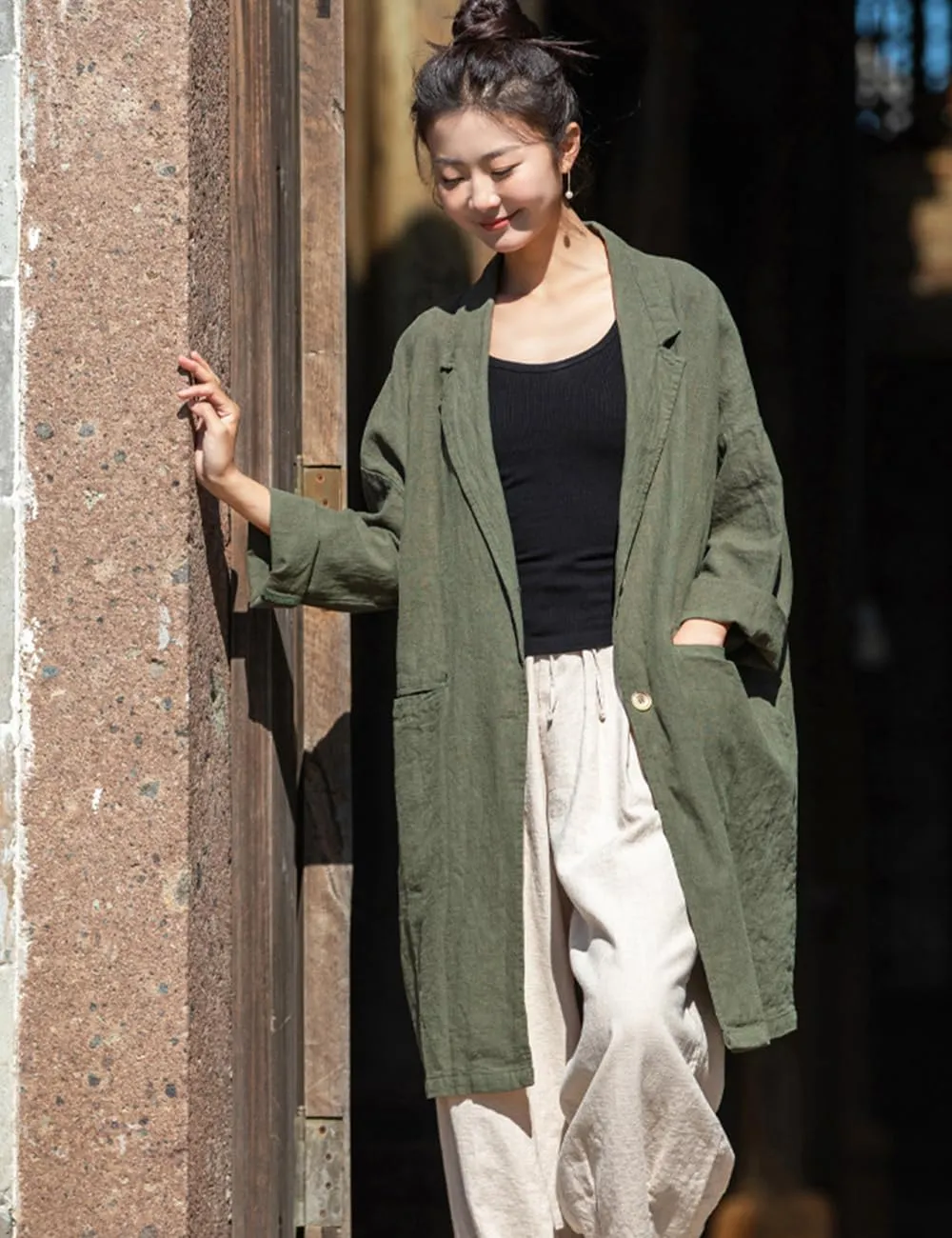 NFYM Women's Linen Long Blazers Notch Lapel Open Front Button Casual Loose Suit Coat Jackets with Pockets