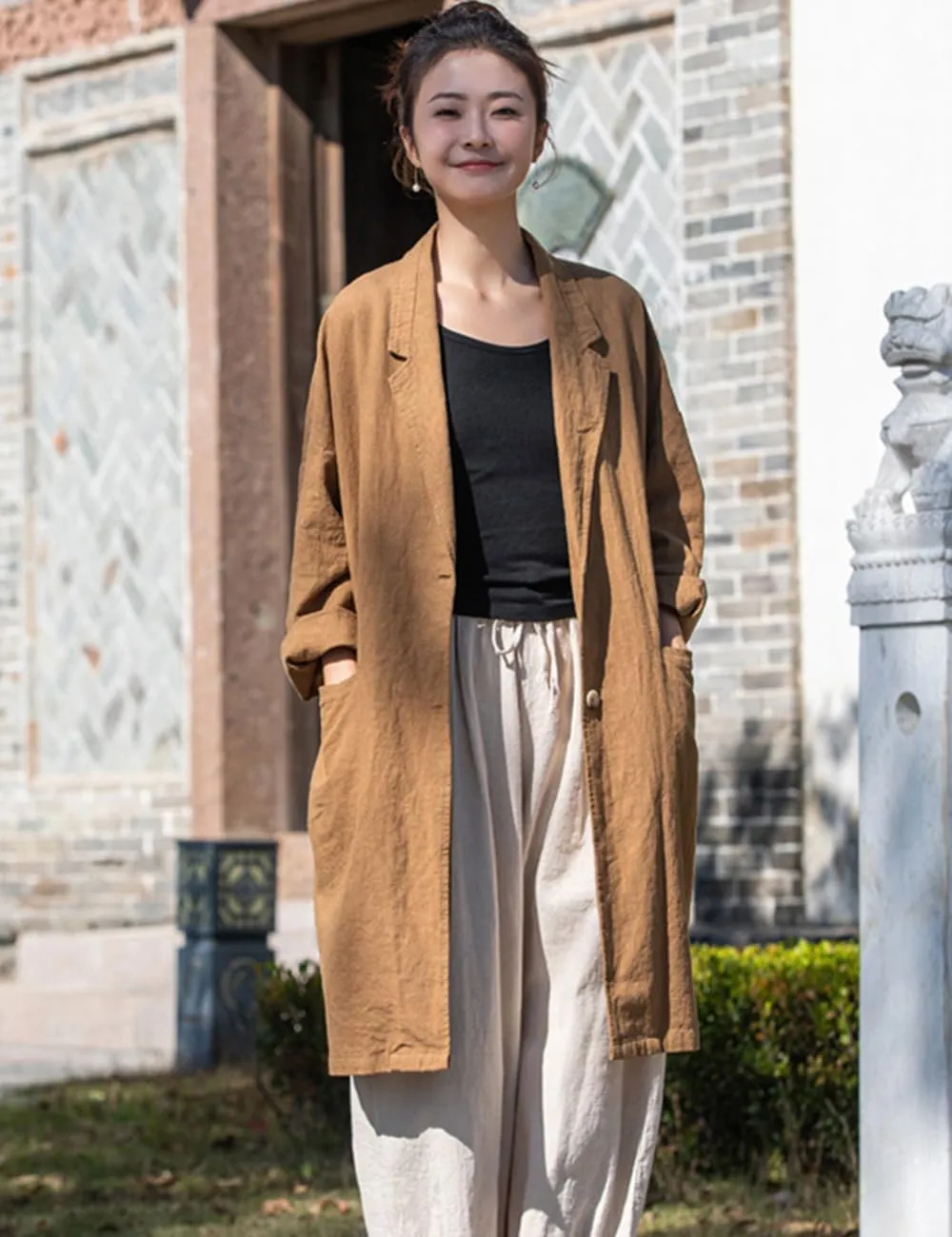 NFYM Women's Linen Long Blazers Notch Lapel Open Front Button Casual Loose Suit Coat Jackets with Pockets