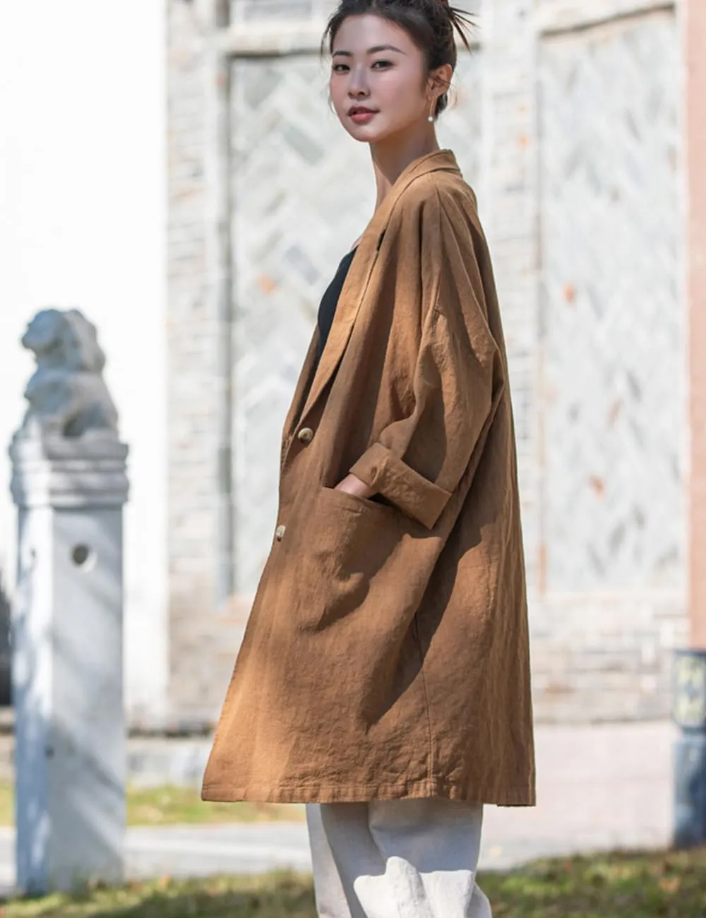 NFYM Women's Linen Long Blazers Notch Lapel Open Front Button Casual Loose Suit Coat Jackets with Pockets