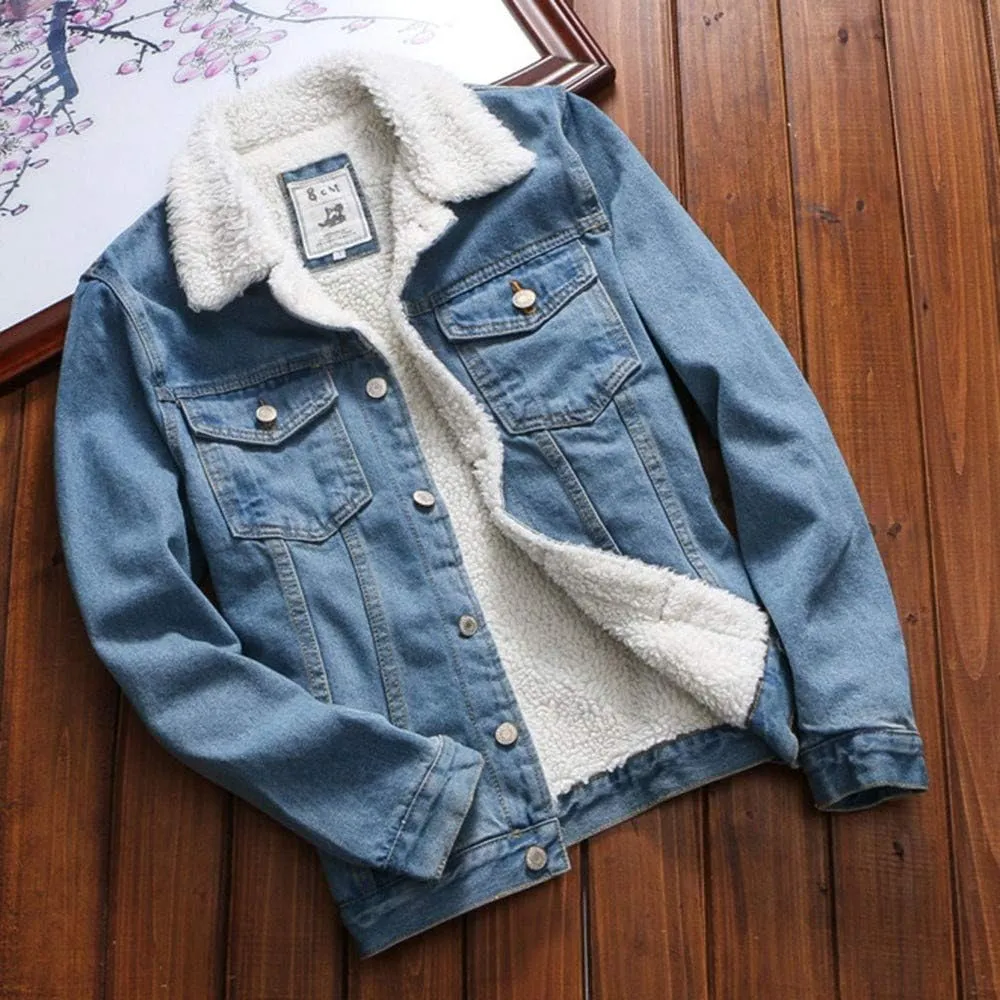 Oversized Denim Coat Jean Jacket Winter Thick Warm Sherpa Fur Lined Denim Trucker Jacket