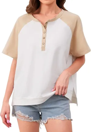 Oversized Henley T Shirts for Women Casual Summer Loose Short Sleeve Split Hem Color Block Tee Shirts Tops