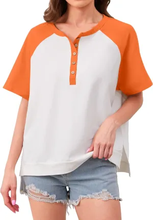 Oversized Henley T Shirts for Women Casual Summer Loose Short Sleeve Split Hem Color Block Tee Shirts Tops