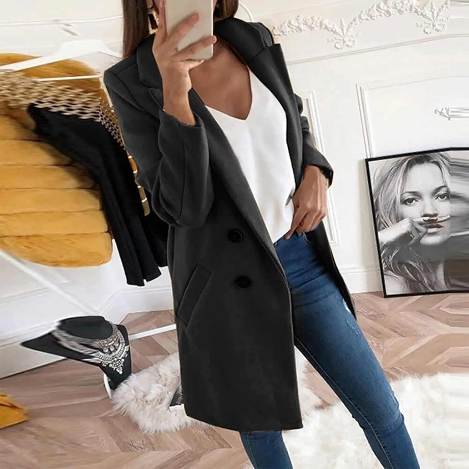 PETYCZEN Oversized Blazers for Women Long Sleeve Lapel Open Front Business Casual Tweed Blazer Jackets Casual Trench Coats