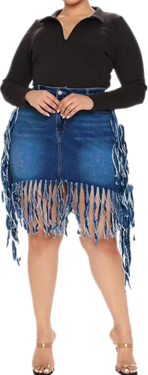 Plus Size Denim Shorts Skirts for Curvy Women High Waisted Frayed Raw Hem Ripped Tassels Sexy Short Skirt Jeans