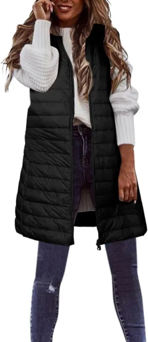 Puffer Vest for Women Sleeveless Round Neck Y2K Mid Length Full Zip Up Plain Down Coat Jacket Autumn Thin Casual with Pocket