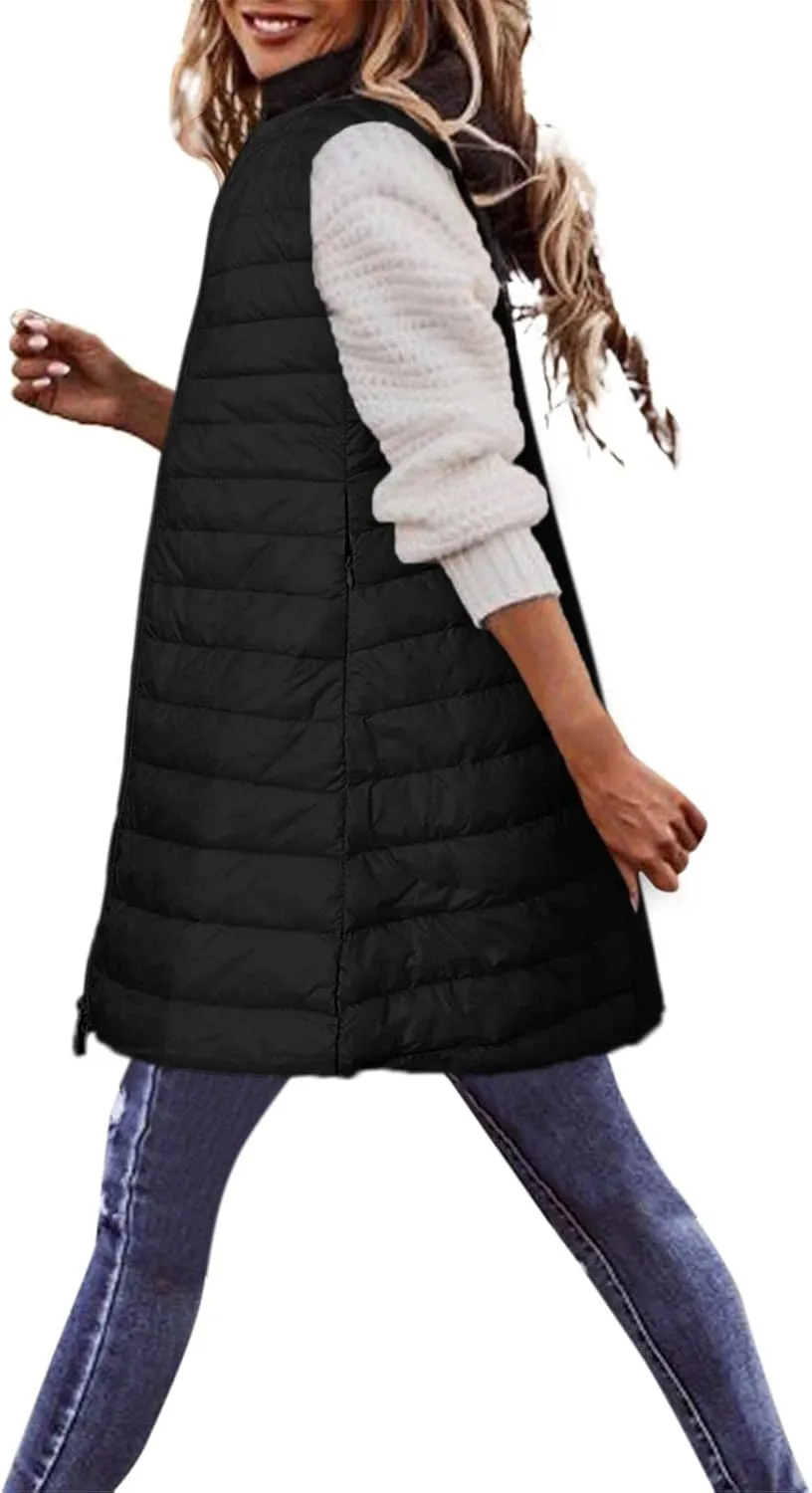 Puffer Vest for Women Sleeveless Round Neck Y2K Mid Length Full Zip Up Plain Down Coat Jacket Autumn Thin Casual with Pocket