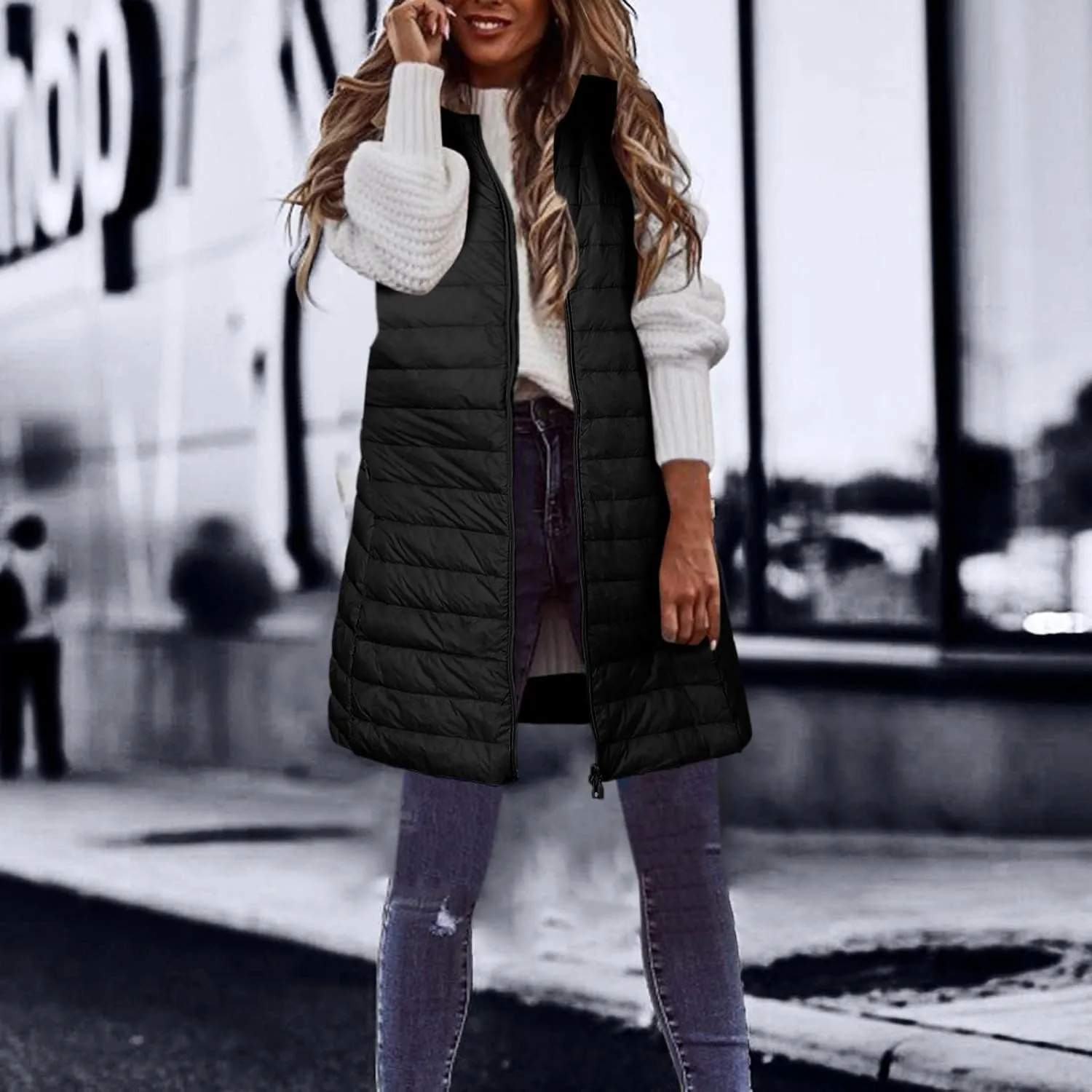 Puffer Vest for Women Sleeveless Round Neck Y2K Mid Length Full Zip Up Plain Down Coat Jacket Autumn Thin Casual with Pocket