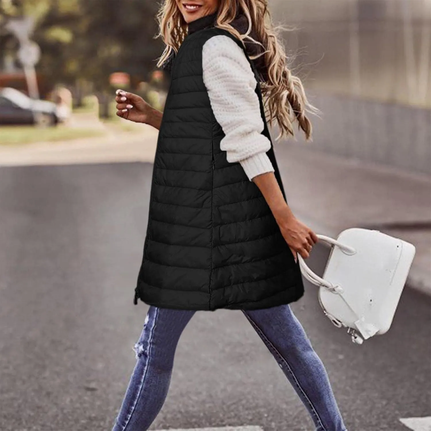 Puffer Vest for Women Sleeveless Round Neck Y2K Mid Length Full Zip Up Plain Down Coat Jacket Autumn Thin Casual with Pocket