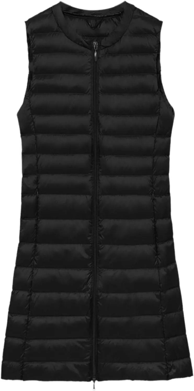 Puffer Vest for Women Sleeveless Round Neck Y2K Mid Length Full Zip Up Plain Down Coat Jacket Autumn Thin Casual with Pocket