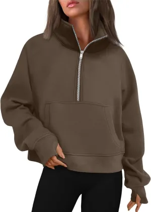 Quarter Zip Pullover Womens Cropped Sweatshirts Half Zip Pullover Women High Neck Oversized Sweatshirt With Pocket