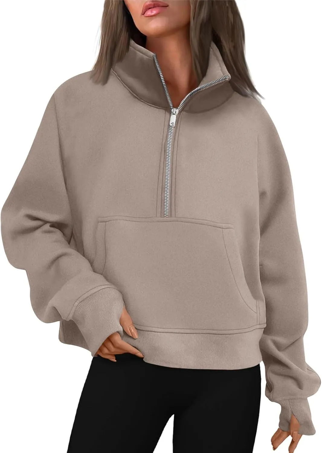 Quarter Zip Pullover Womens Cropped Sweatshirts Half Zip Pullover Women High Neck Oversized Sweatshirt With Pocket
