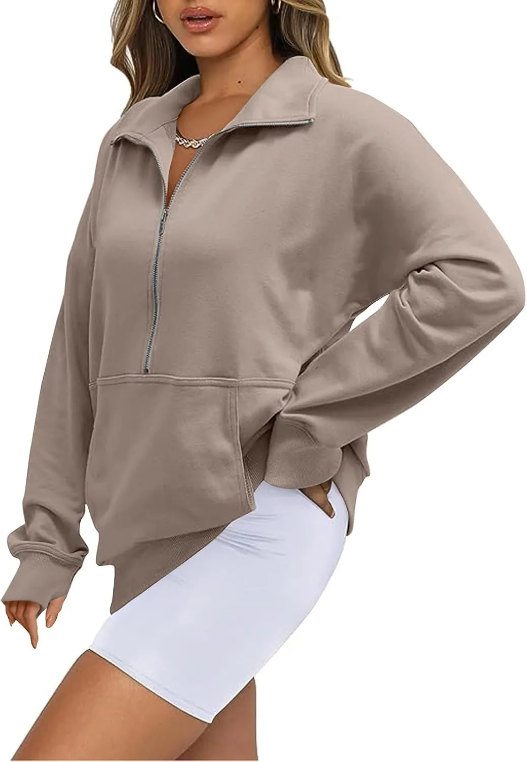 Quarter Zip Pullover Womens Cropped Sweatshirts Half Zip Pullover Women High Neck Oversized Sweatshirt With Pocket