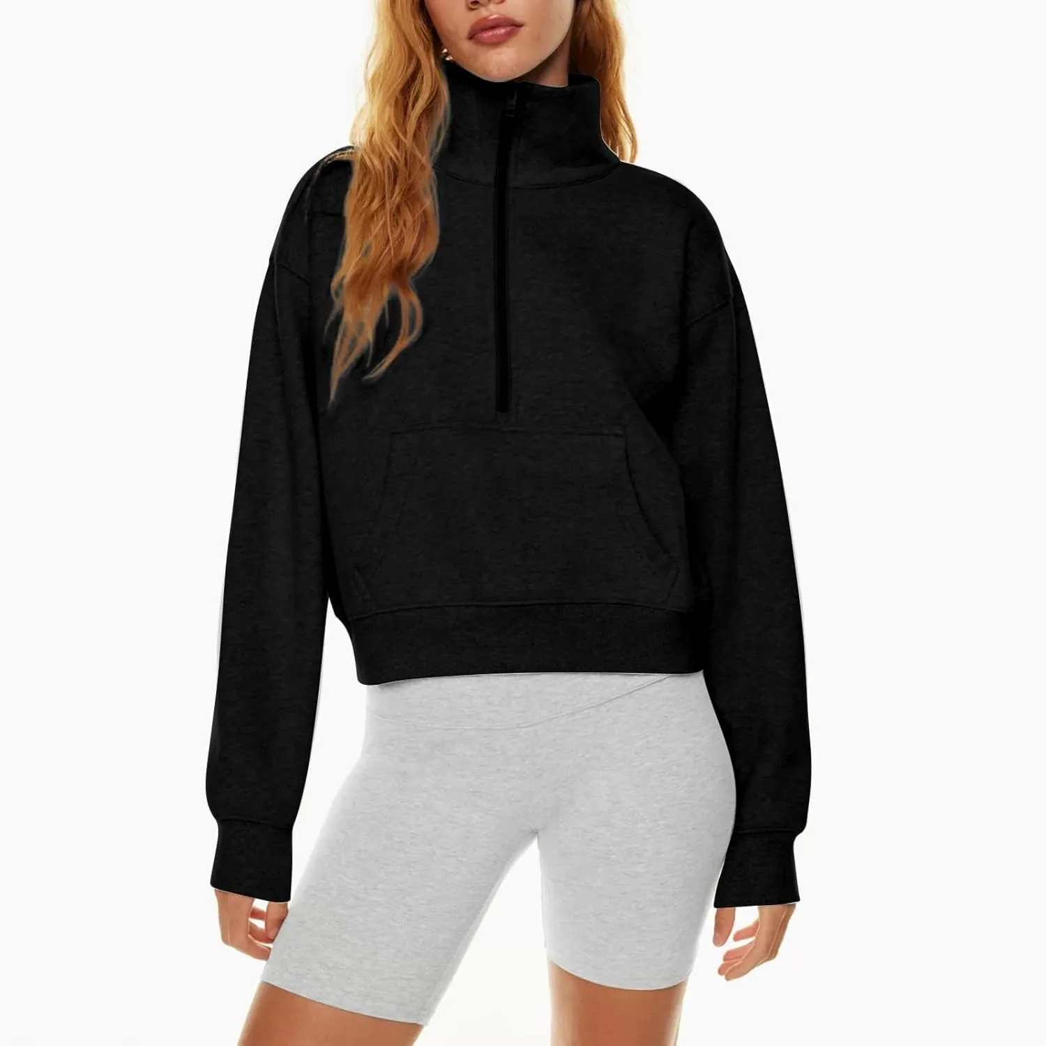 Quarter Zip Pullover Womens Cropped Sweatshirts Half Zip Pullover Women High Neck Oversized Sweatshirt With Pocket