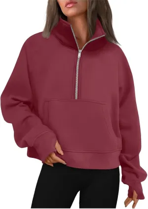 Quarter Zip Pullover Womens Cropped Sweatshirts Half Zip Pullover Women High Neck Oversized Sweatshirt With Pocket