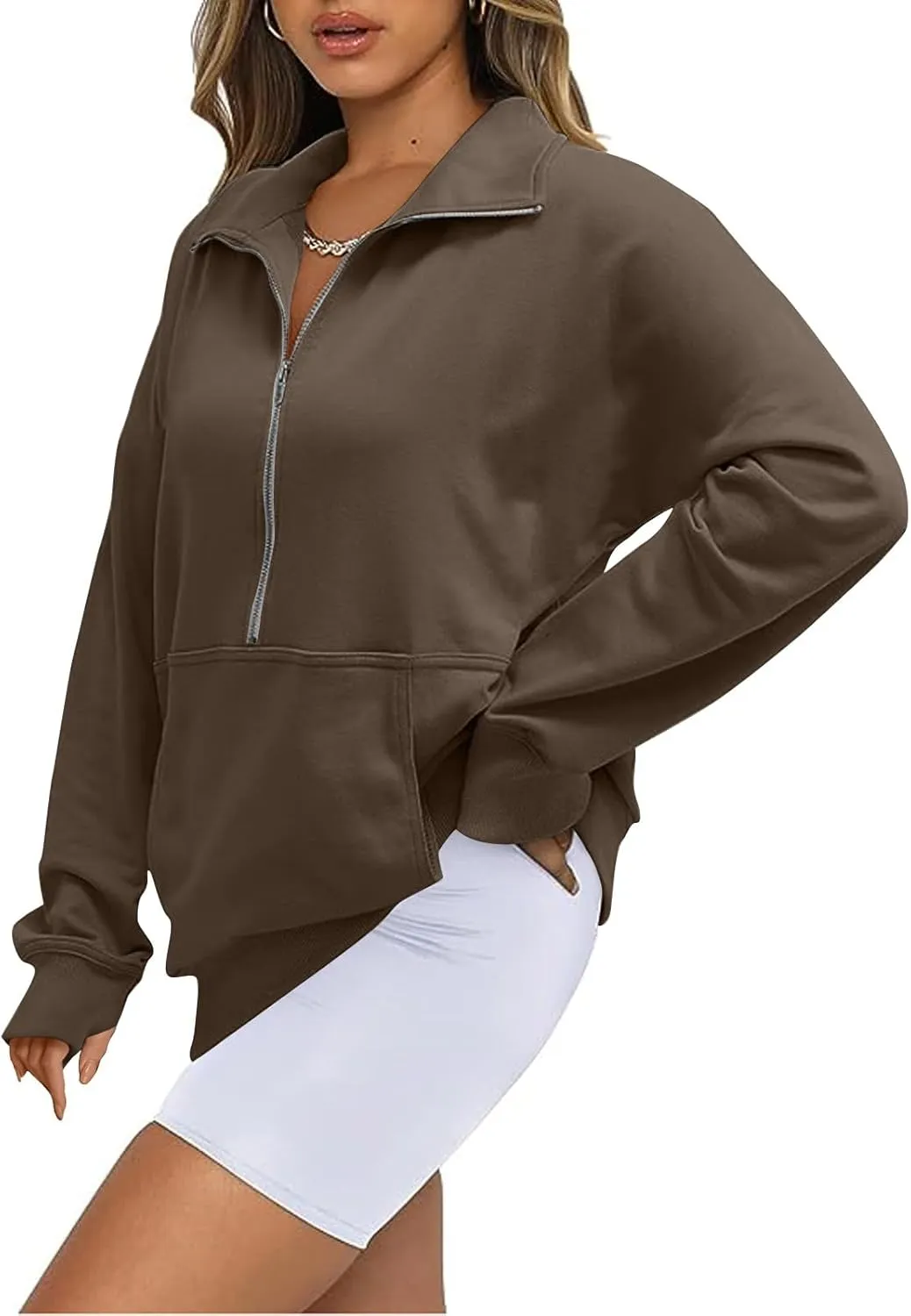 Quarter Zip Pullover Womens Cropped Sweatshirts Half Zip Pullover Women High Neck Oversized Sweatshirt With Pocket