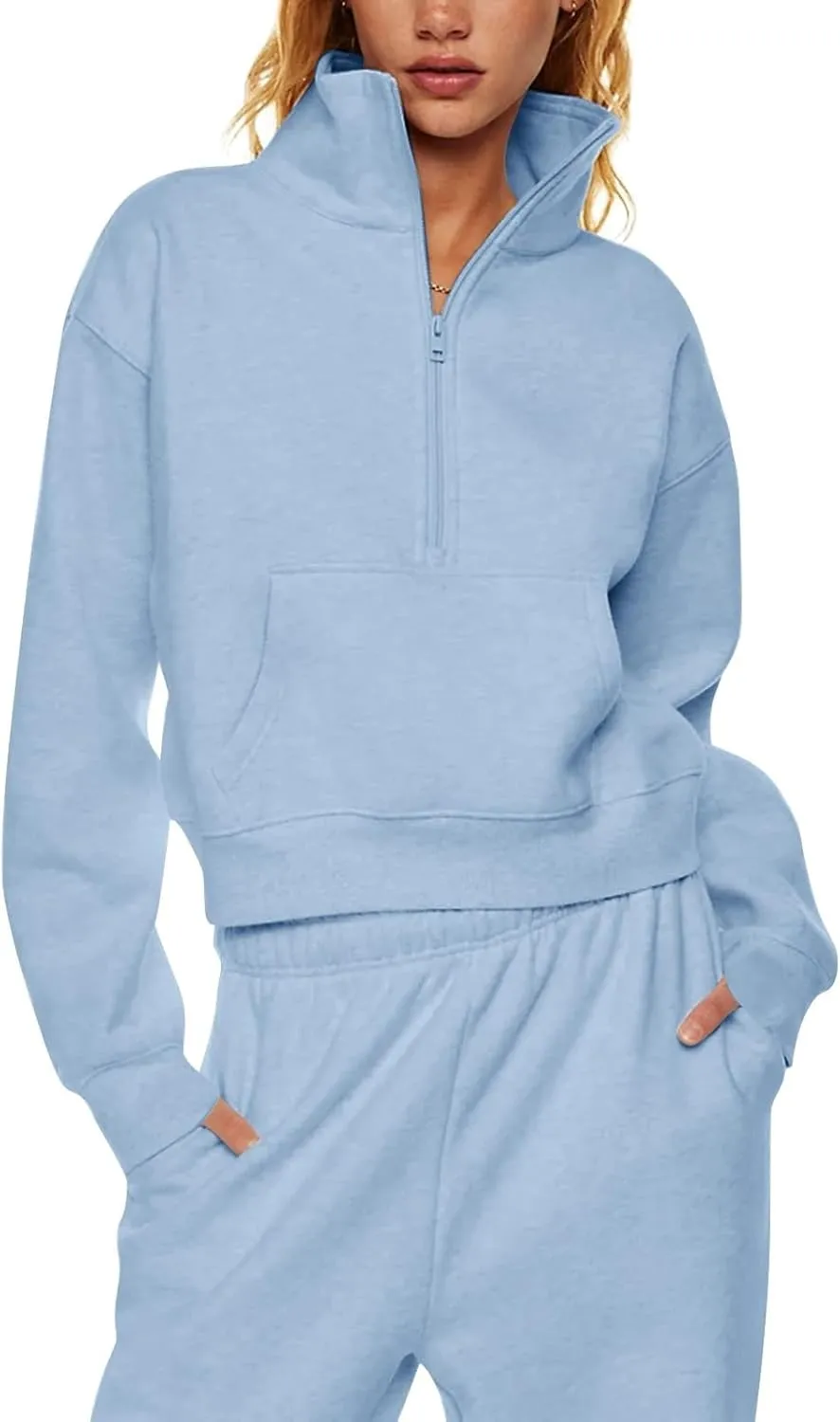 Quarter Zip Pullover Womens Cropped Sweatshirts Half Zip Pullover Women High Neck Oversized Sweatshirt With Pocket