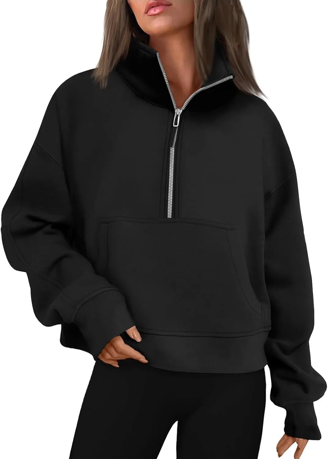 Quarter Zip Pullover Womens Cropped Sweatshirts Half Zip Pullover Women High Neck Oversized Sweatshirt With Pocket